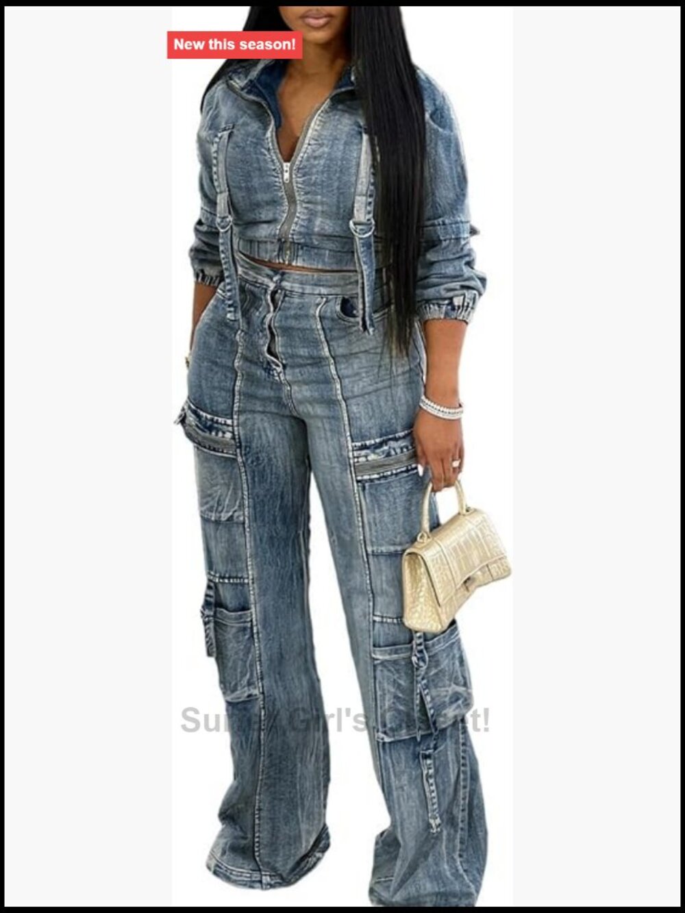 Y2K Denim 2 Piece Set Women Cargo Jean Jacket & Pants Streetwear
